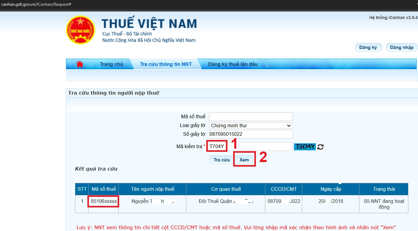 Bước 3: Bảng kết quả trả về các thông tin của người nộp thuế