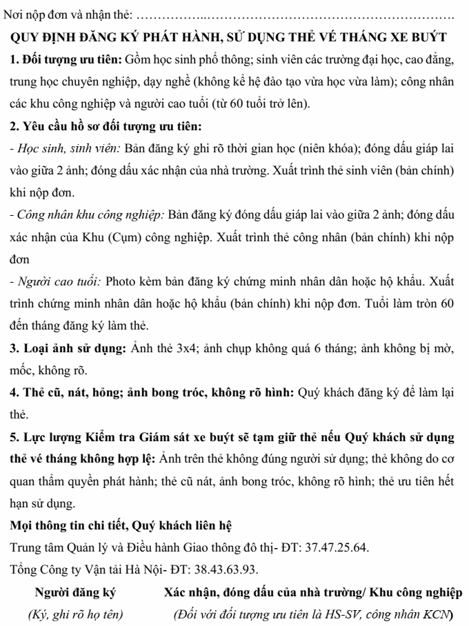 Chi tiết các mục cần điền trên đơn đăng ký vé tháng xe bus Hà Nội