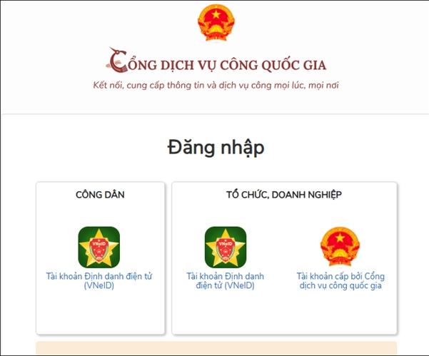 Giao diện đăng nhập Cổng Dịch vụ công Quốc gia