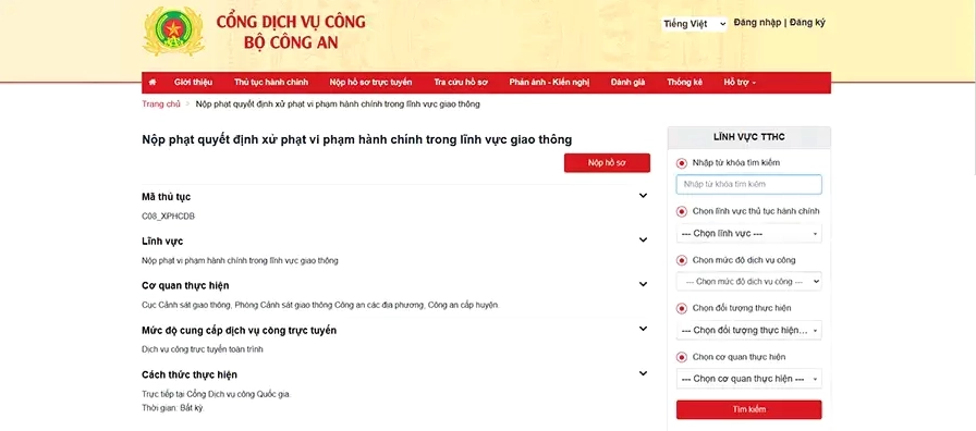 Giao diện nộp phạt tại Cổng dịch vụ công Bộ Công an