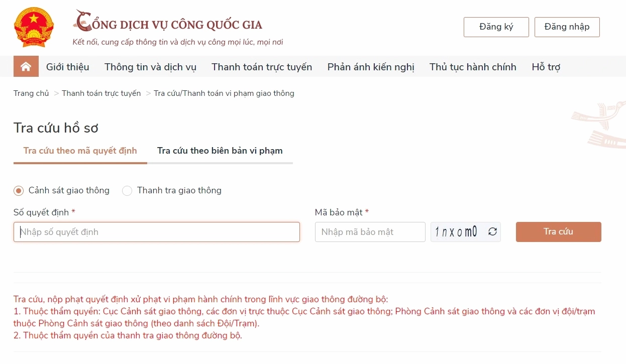 Giao diện tra cứu và nộp phạt vi phạm giao thông online