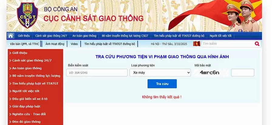 Giao diện tra cứu vi phạm giao thông trên website csgt.vn