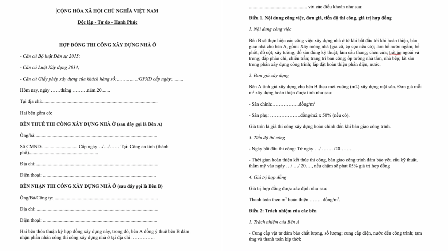 Hợp đồng thi công xây dựng nhà ở
