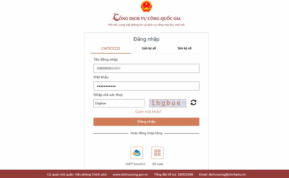 Hướng dẫn điền thông tin đăng nhập Cổng DVC Quốc Gia
