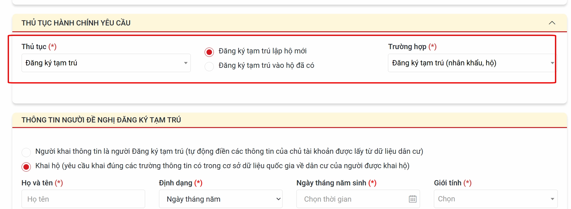 Khai báo hồ sơ điện tử - Chọn cơ quan thực hiện và thủ tục hành chính lưu trú