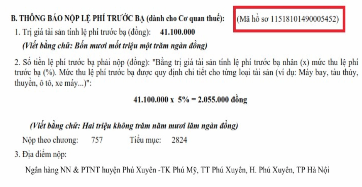 Mã hồ sơ hiển thị trên Thông báo nộp LPTB