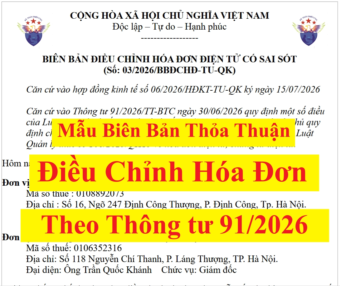 Mẫu biên bản điều chỉnh hóa đơn theo quy định mới nhất