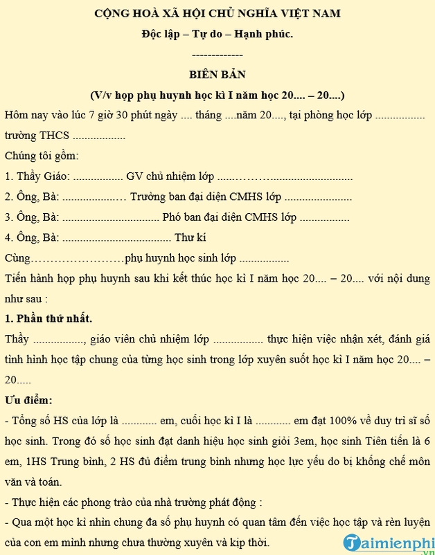 Mẫu biên bản họp phụ huynh cuối học kỳ 1
