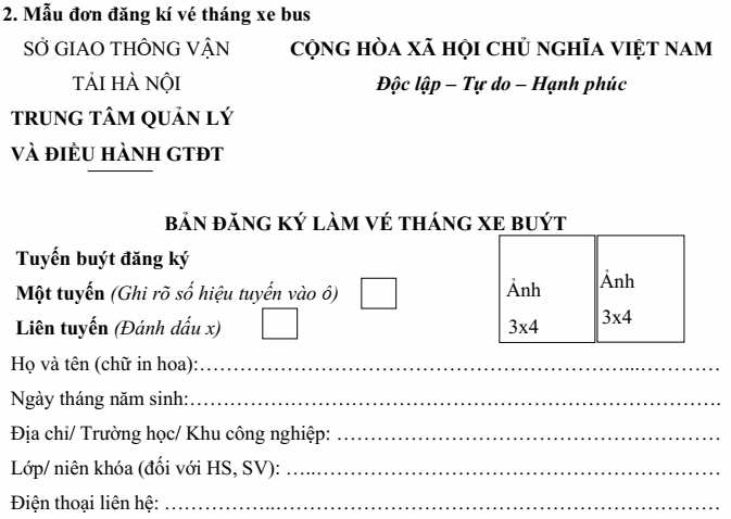 Mẫu đơn đăng ký vé tháng xe bus Hà Nội 2025 (mới nhất)