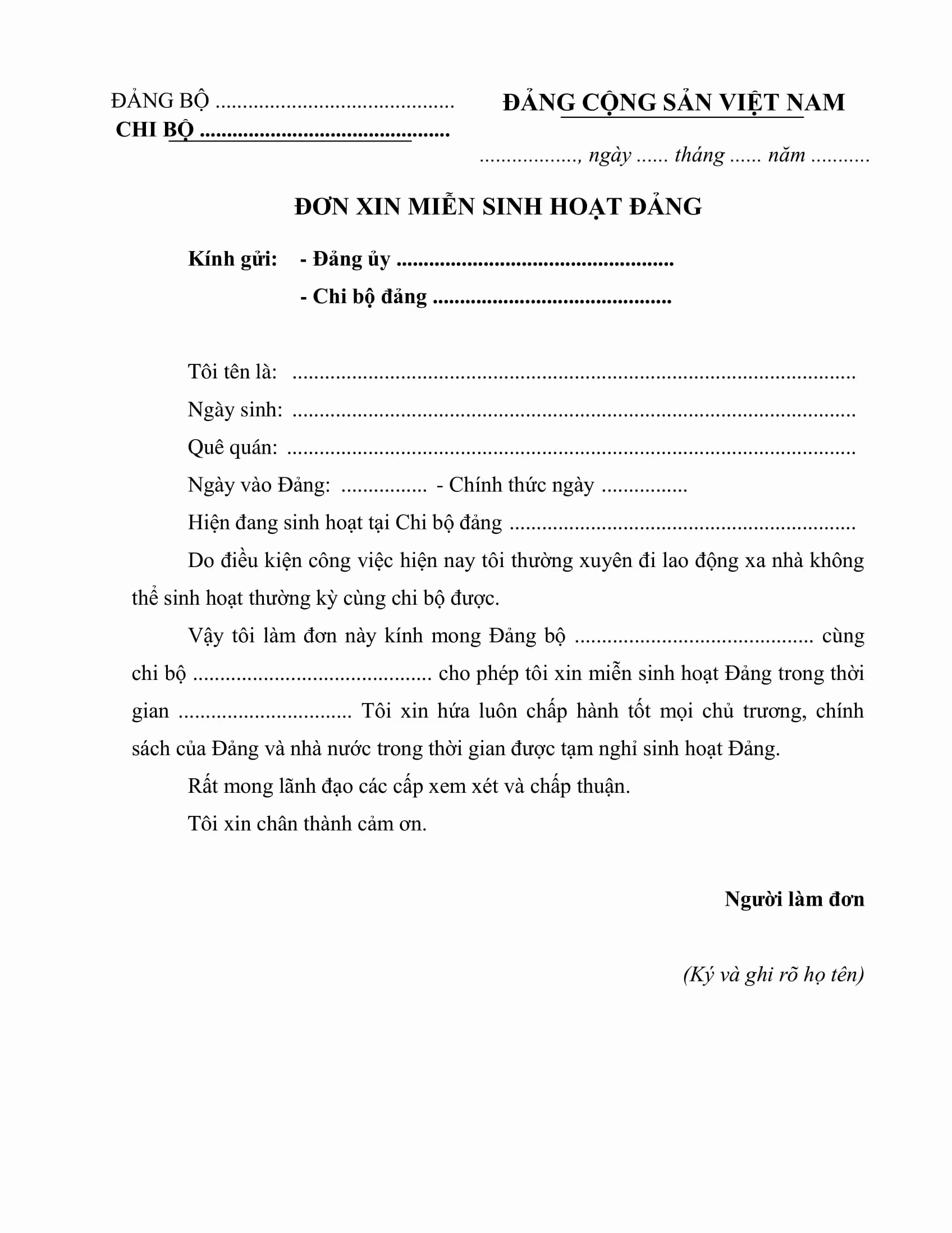 Mẫu đơn Xin Miễn Sinh Hoạt đảng Đi Làm Ăn Xa