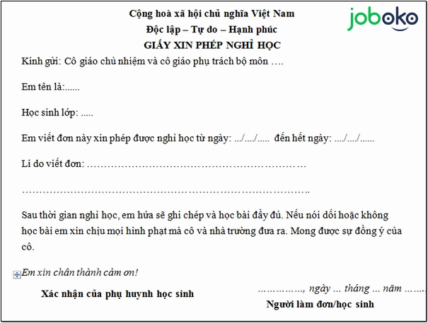 Mẫu đơn xin nghỉ học cho sinh viên