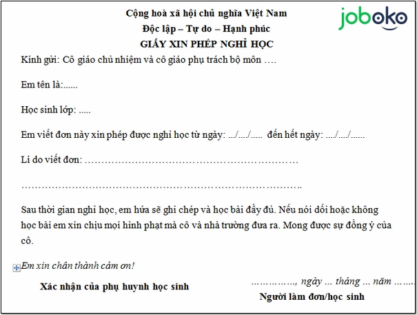 Mẫu đơn xin nghỉ học chuẩn cho học sinh sinh viên
