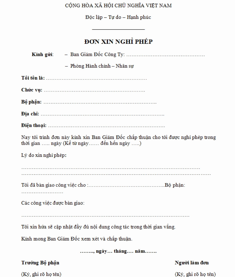 Mẫu đơn xin nghỉ phép chung