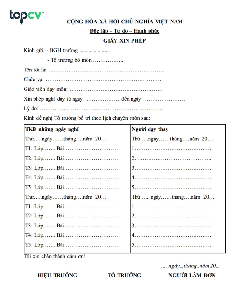 Mẫu đơn xin nghỉ phép của giáo viên file word