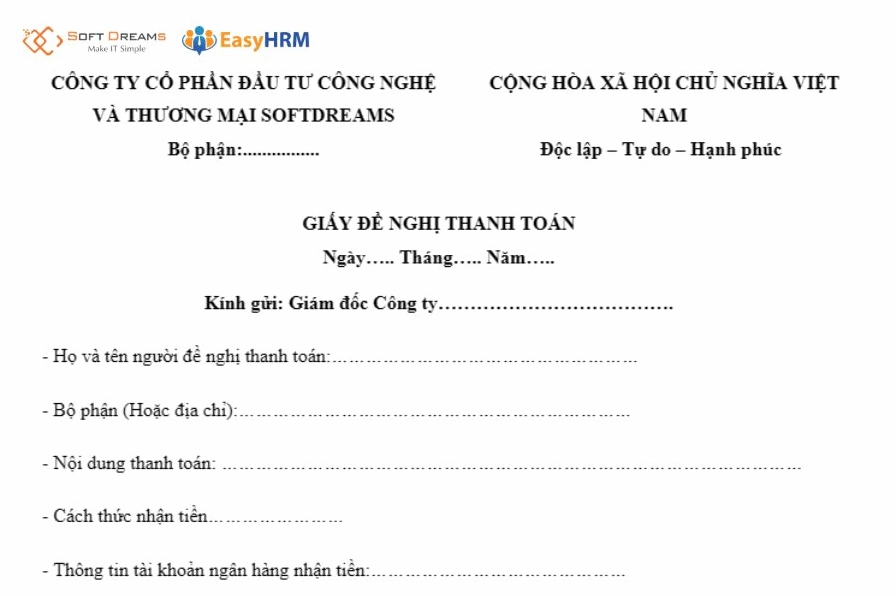 Mẫu giấy đề nghị thanh toán nội bộ doanh nghiệp
