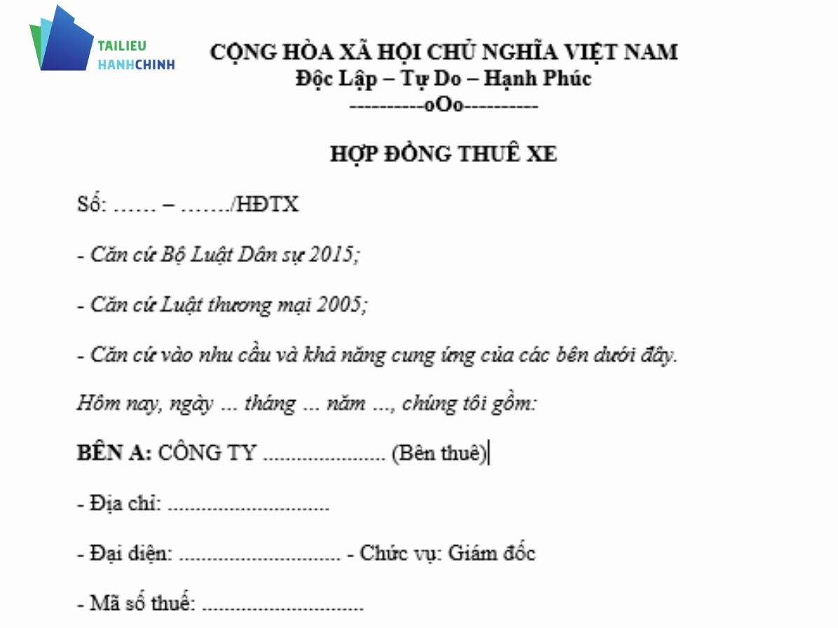 Mẫu hợp đồng cho thuê xe ô tô