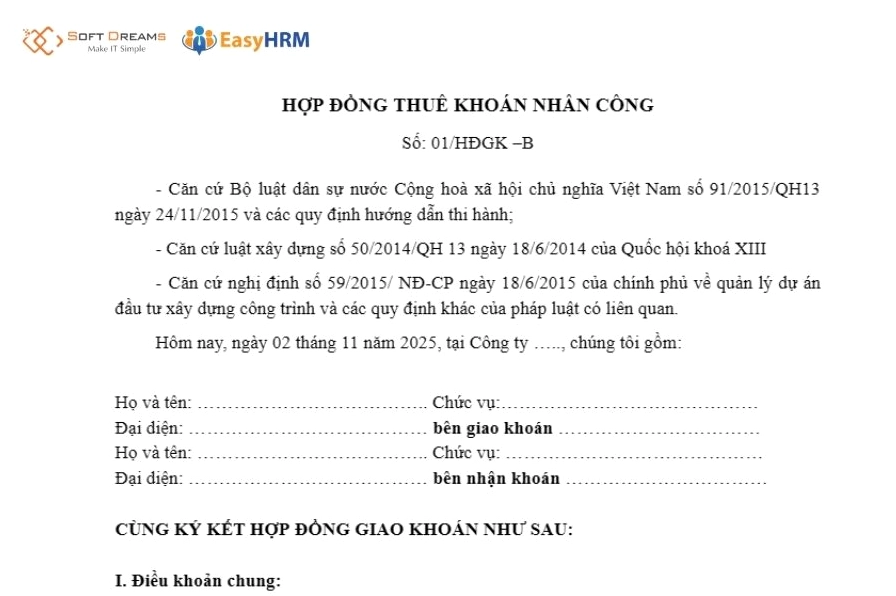 Mẫu hợp đồng giao khoán cá nhân