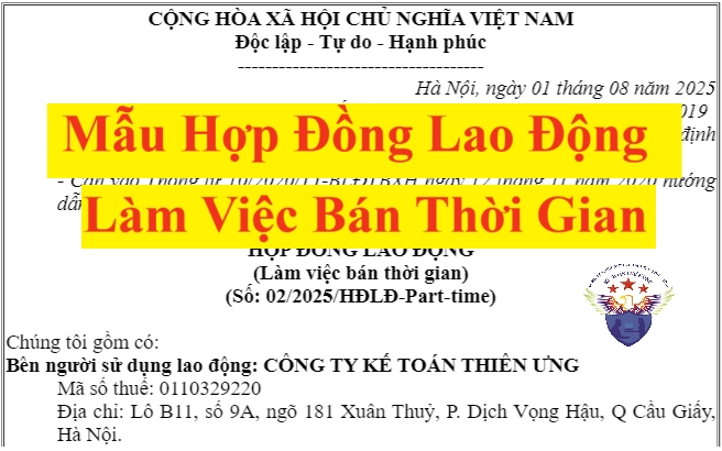 Mẫu hợp đồng lao động bán thời gian, làm việc Part Time 2026 mới nhất