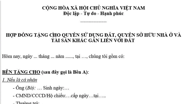Mẫu hợp đồng tặng cho nhà đất
