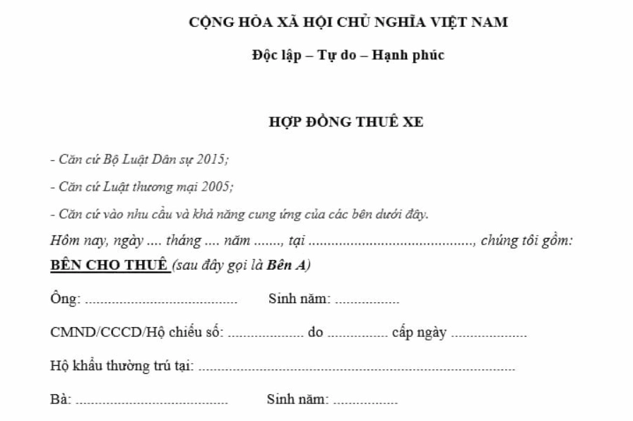 Mẫu hợp đồng thuê xe tự lái chuẩn quy định pháp luật