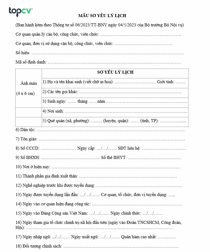 Mẫu sơ yếu lý lịch mới cho cán bộ, công chức, viên chức ban hành kèm Thông tư số 06/2023/TT-BNV