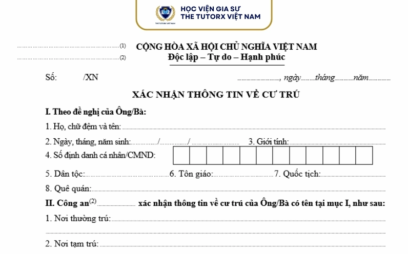 Mẫu xác nhận nơi cư trú mới nhất (Mẫu CT07)