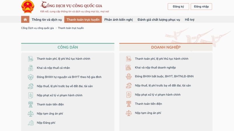 Nộp thuế đất qua Cổng Dịch vụ công quốc gia.