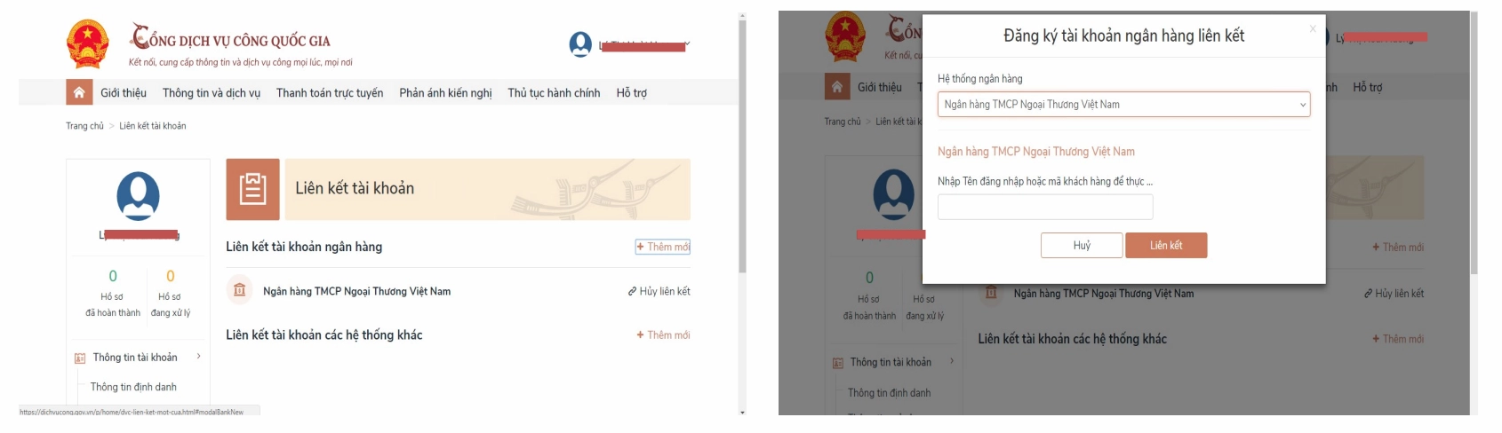 Tạo liên kết tài khoản DVCQG với Ngân hàng