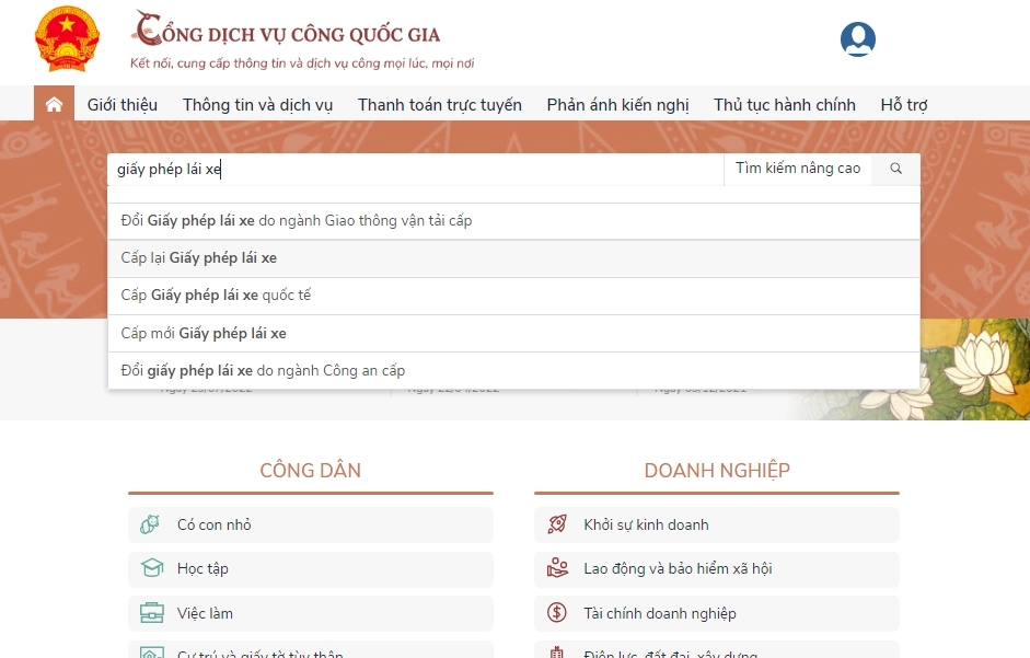 Thủ tục cấp lại bằng lái xe trên cổng dịch vụ công
