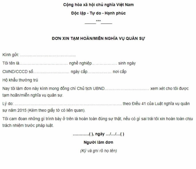 Thủ tục và mẫu đơn xin tạm hoãn, miễn nghĩa vụ quân sự mới nhất