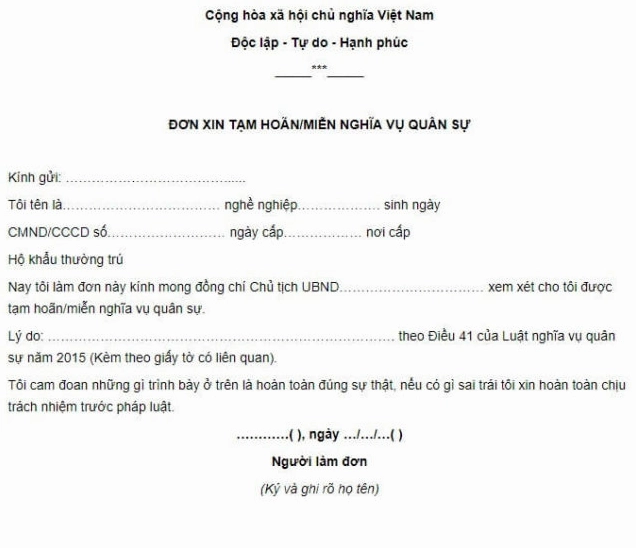 Thủ tục và mẫu đơn xin tạm hoãn, miễn nghĩa vụ quân sự mới nhất